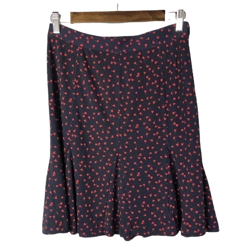 Talbots Petites Navy Blue & Red Cherry Heart Godet Trumpet Skirt 4P